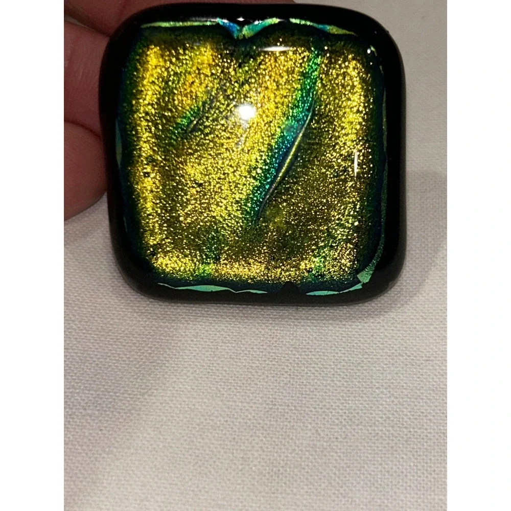 Dichroic Fused Glass Brooch Square Gold Green Teal Shimmer Artisan Pin 1.5